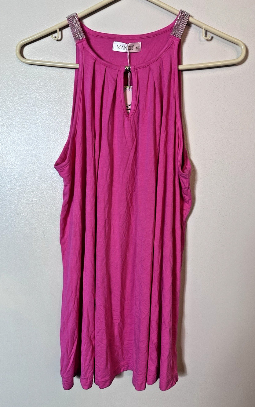Maner Top Women's Med M Hot Pink Beaded Sleeveless Pleated Neck Keyhole New NWT